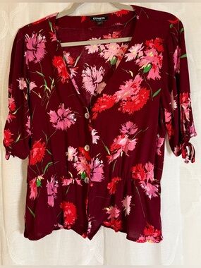 Express Burgundy Red Floral Button Front Blouse | Peplum Tie Sleeve Top | Size M